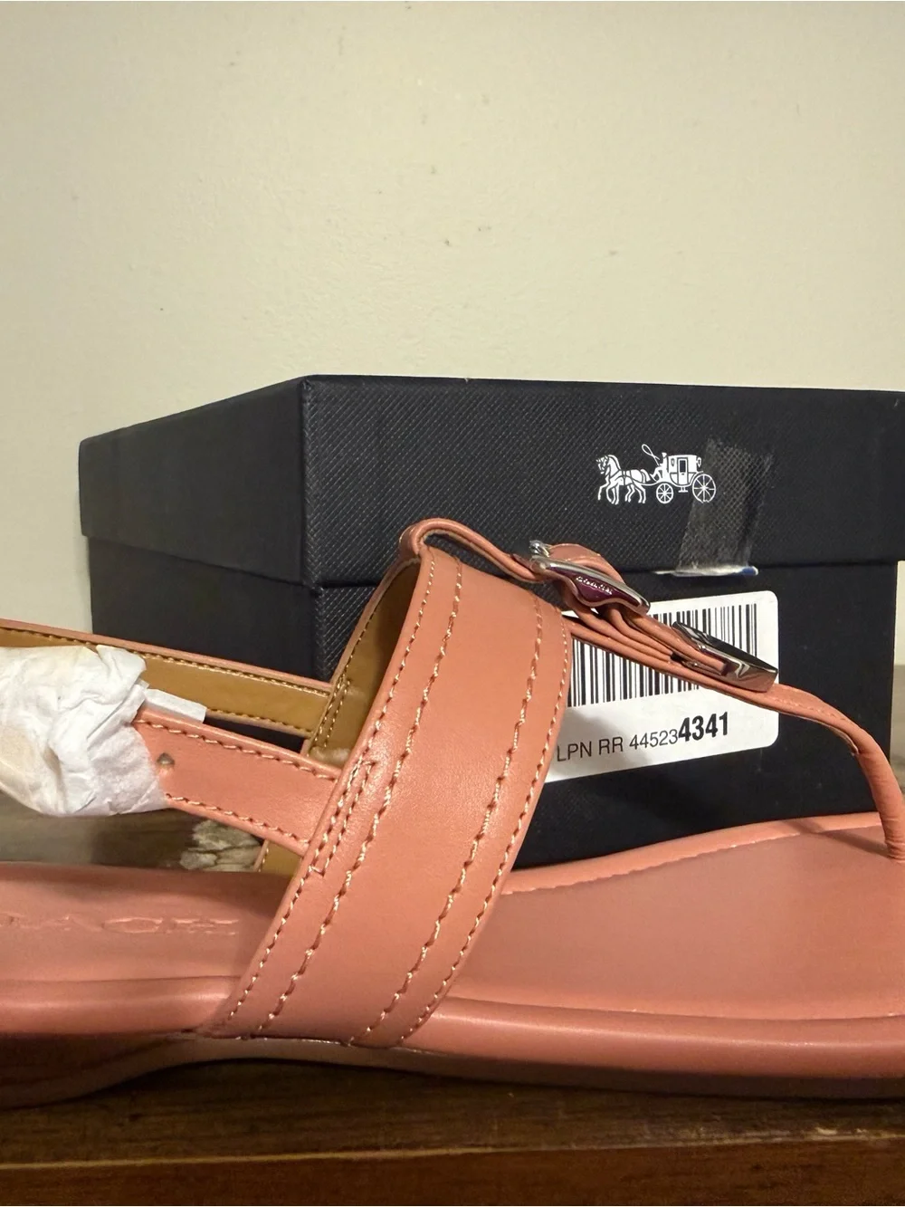Coach Coral-Peach Leather T-Strap Sandal with Silver Buckle